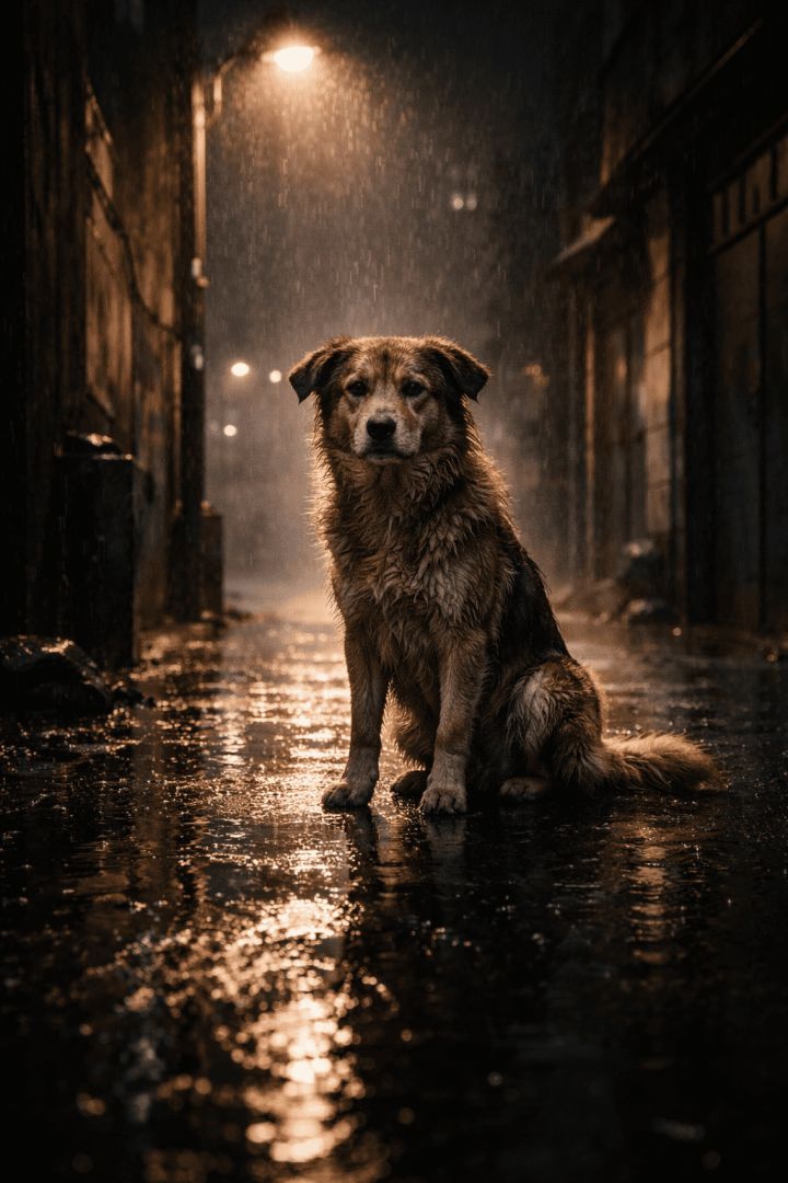 Lonely pup in a rainy alley dog wallpaper