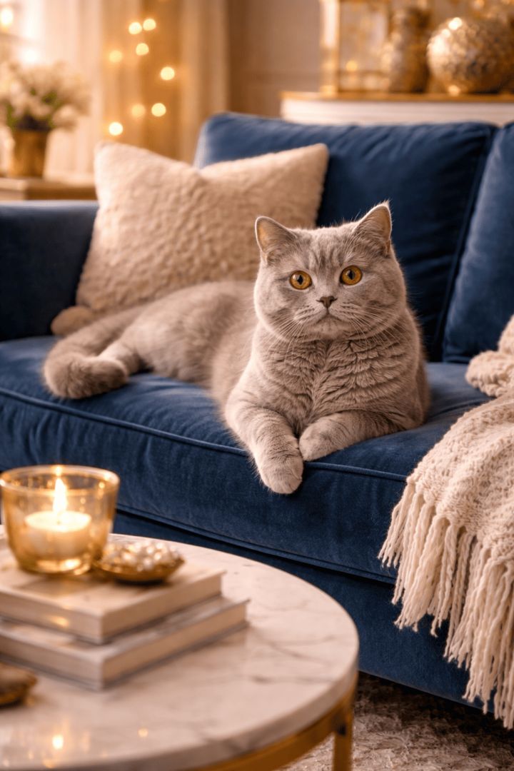 Lounging British Shorthair on velvet sofa cat wallpaper