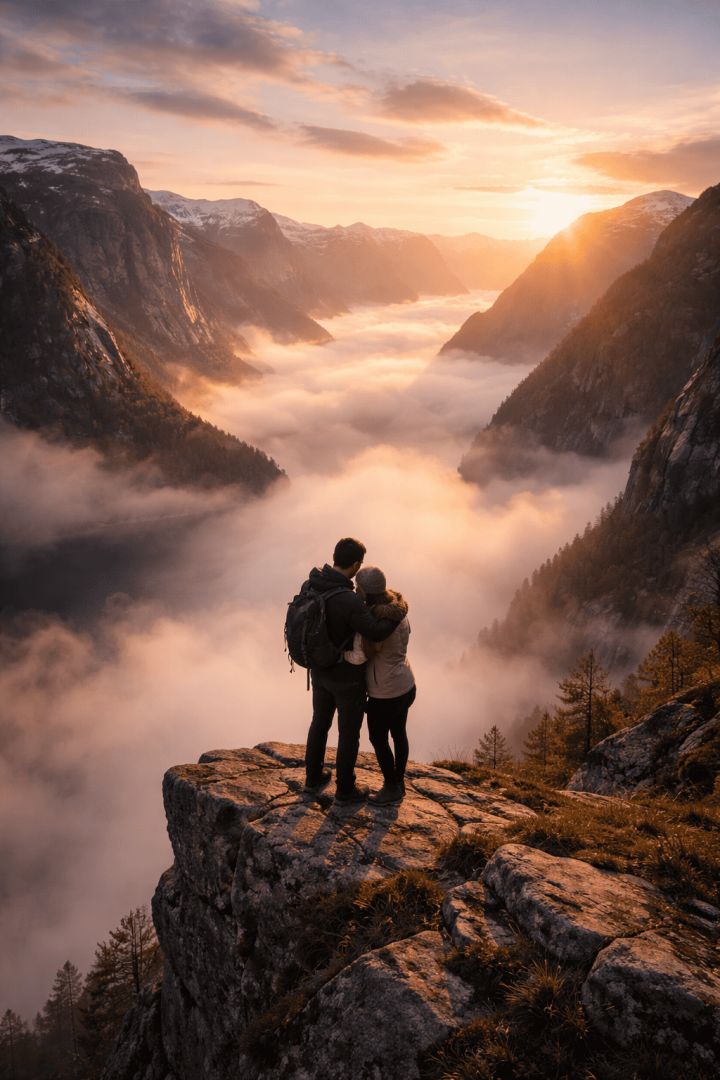 Lovers at the edge of a fjord wallpaper
