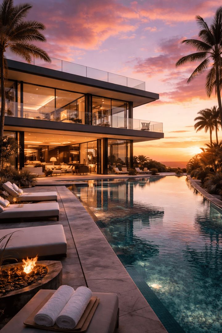 Luxurious mansion with infinity pool at sunset luxurious life wallpaper
