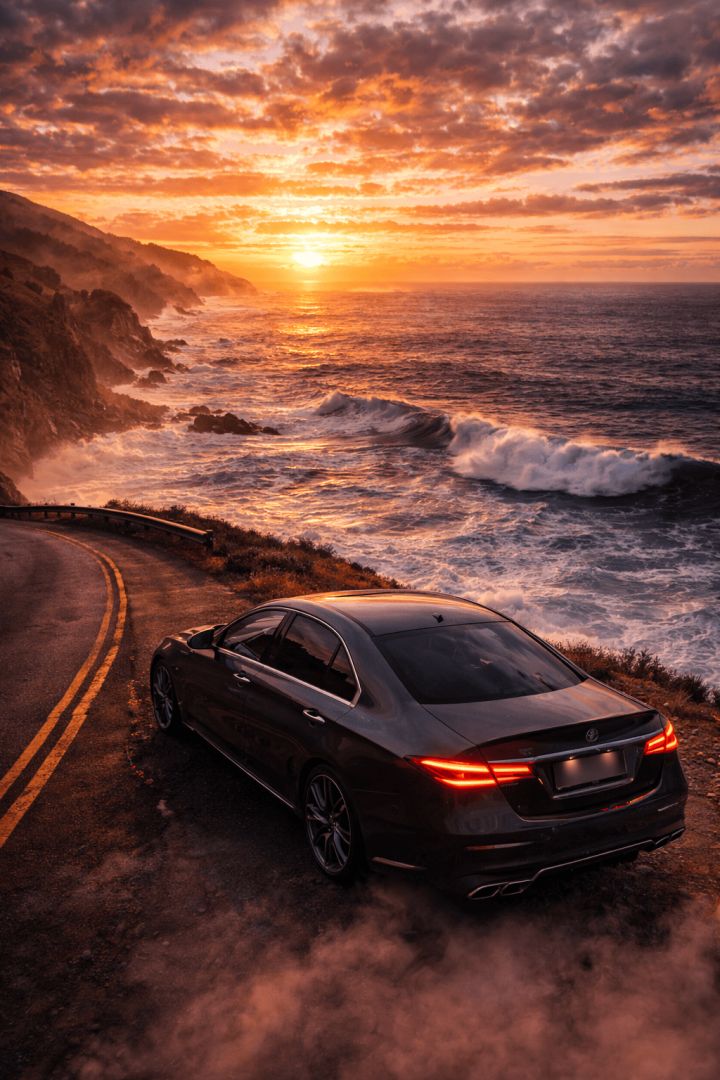 Luxury sedan at sunset on cliffside road wallpaper