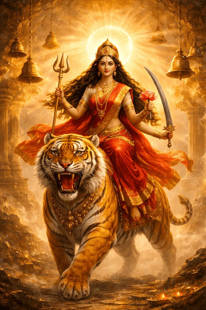 Maa Chandraghanta with her fierce tiger god wallpaper