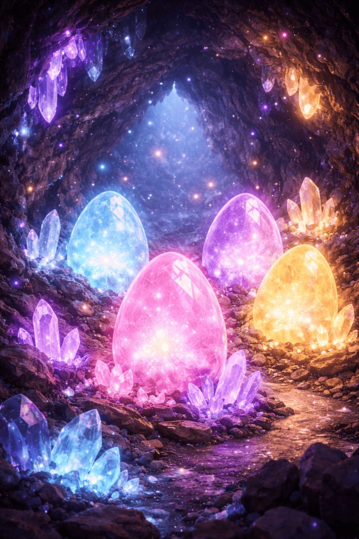 Magical crystal eggs in glowing cave wallpaper