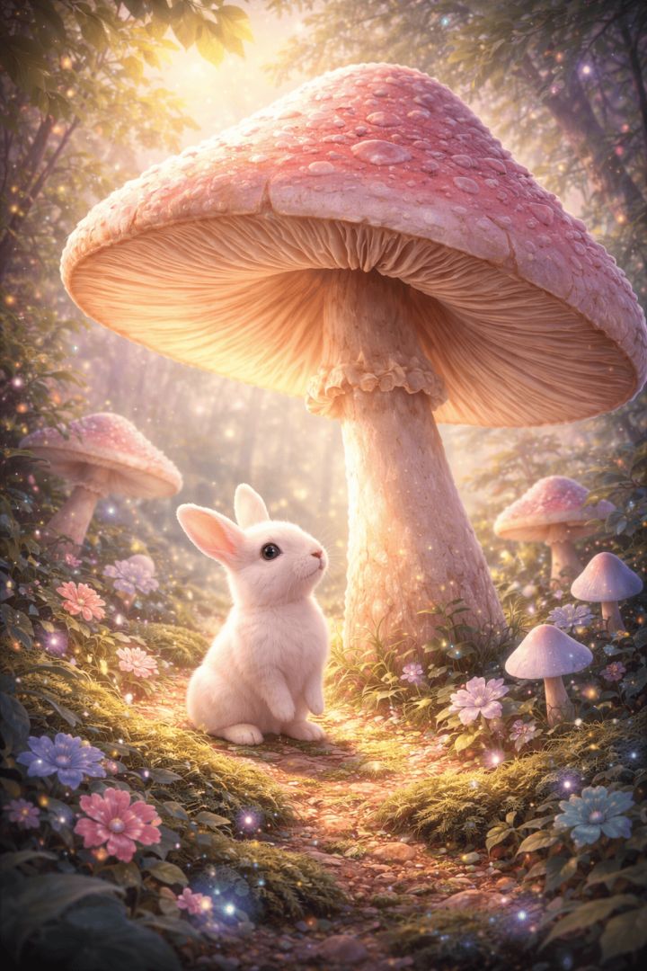 Magical forest under a glowing mushroom wallpaper