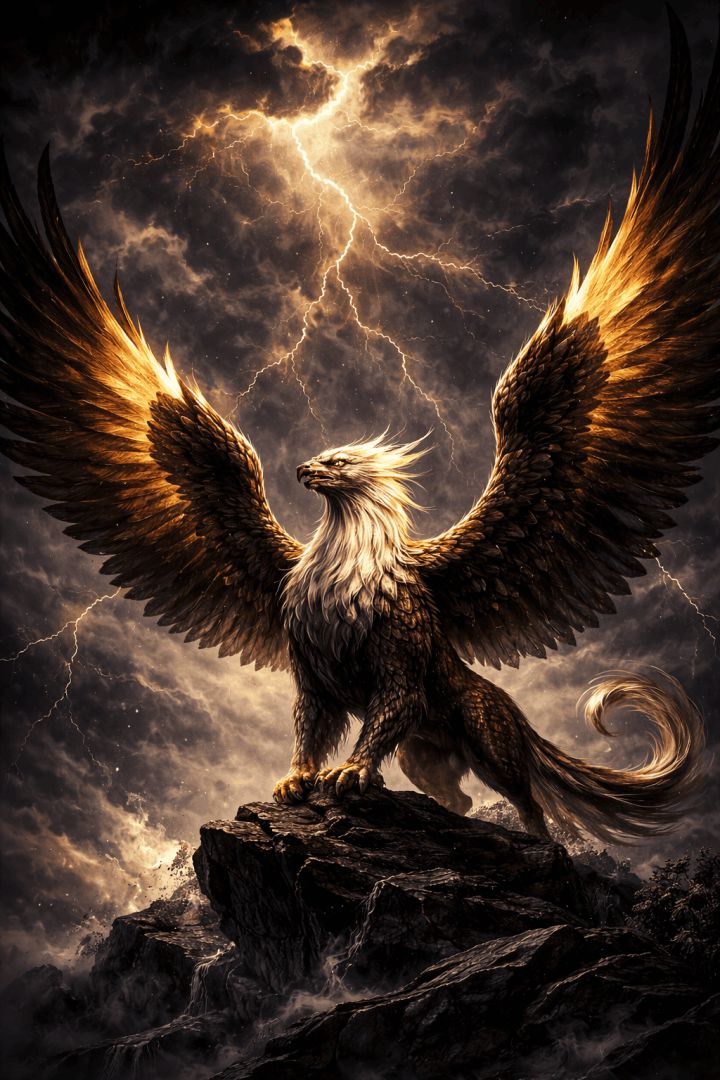 Majestic griffin in a stormy sky mythic creature wallpaper