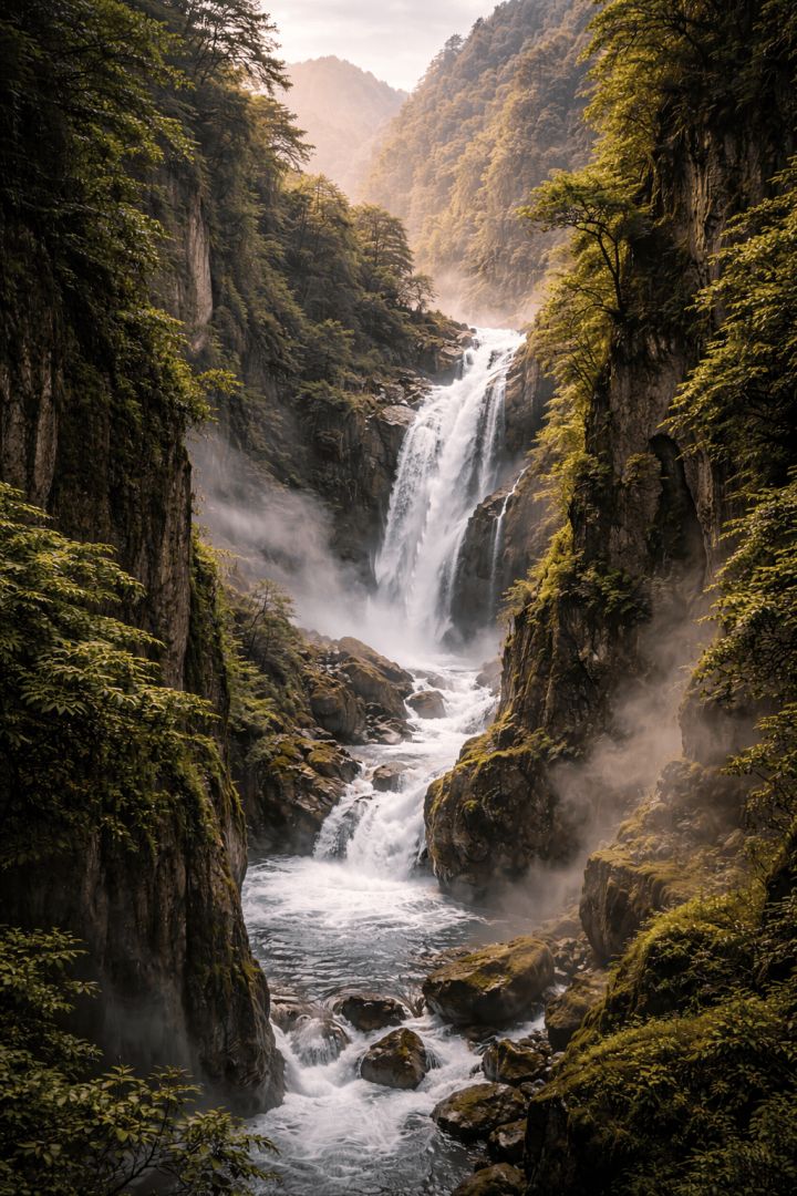 Majestic waterfall in a misty canyon wallpaper