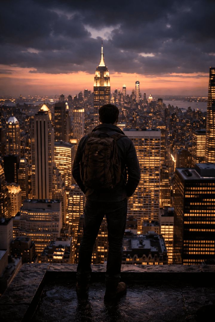 Man gazing over New York skyline wallpaper