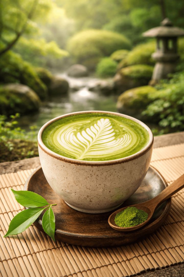 Matcha latte in a serene garden wallpaper