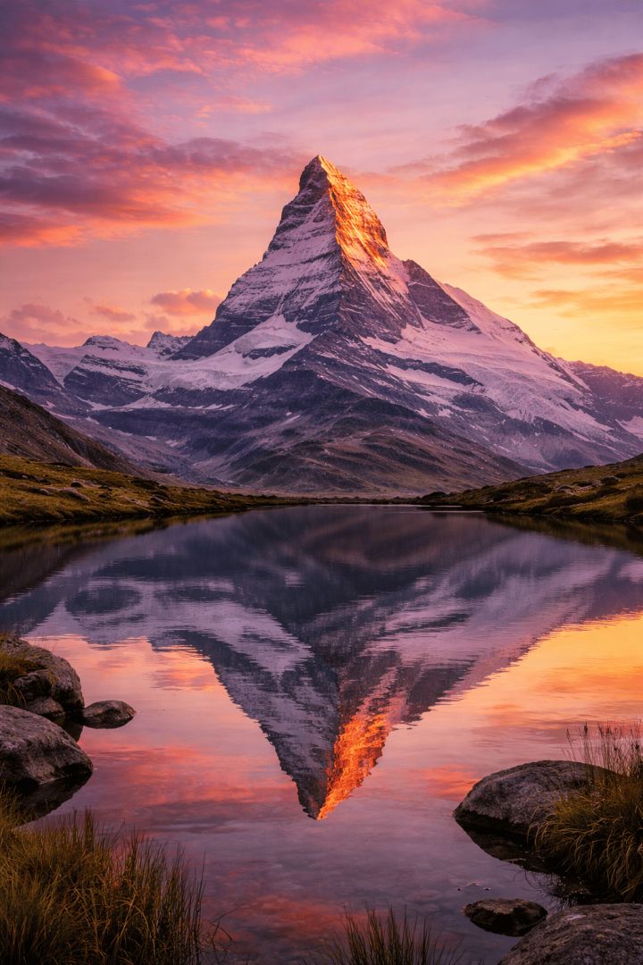 Matterhorn at sunset over alpine lake wallpaper