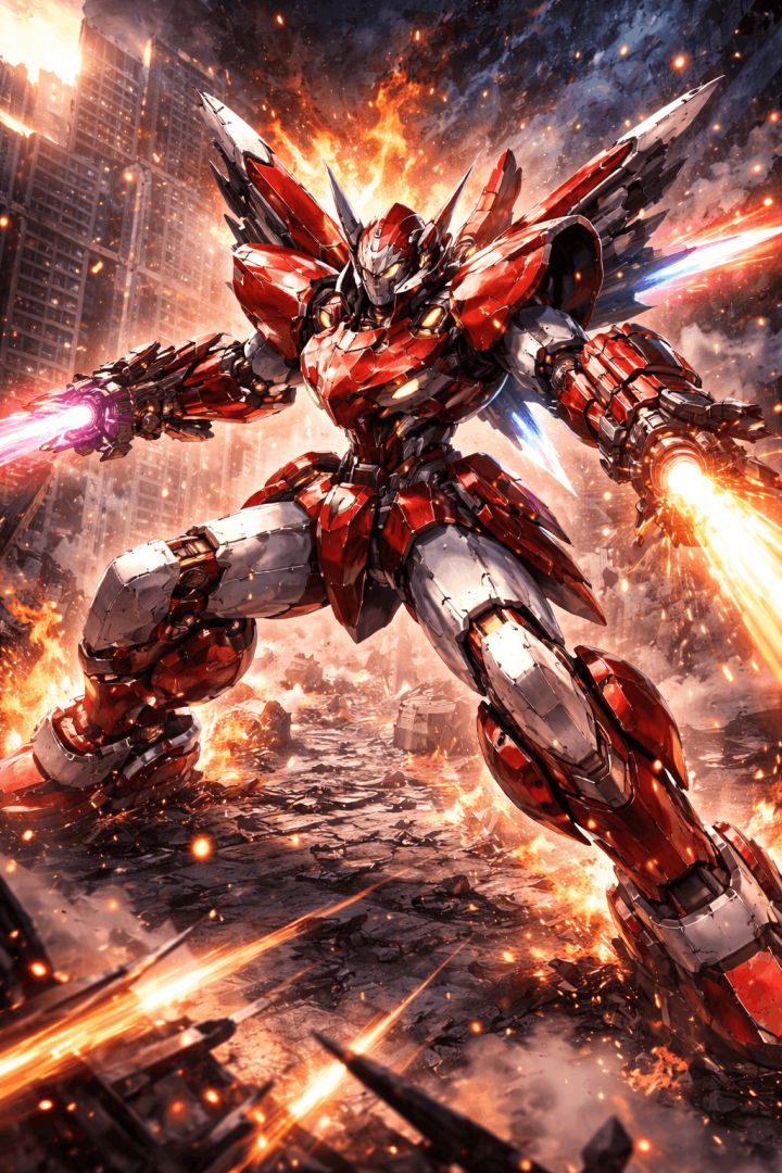 Mecha machine in fiery city battle wallpaper