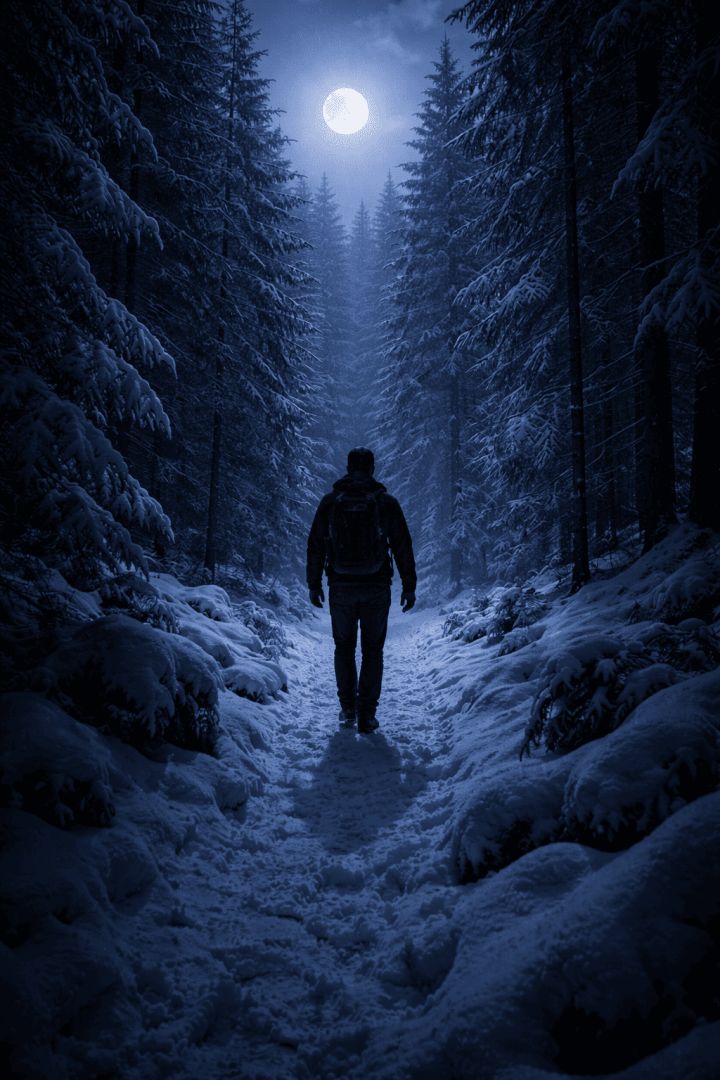 Midnight trek through a snowy forest hiking wallpaper