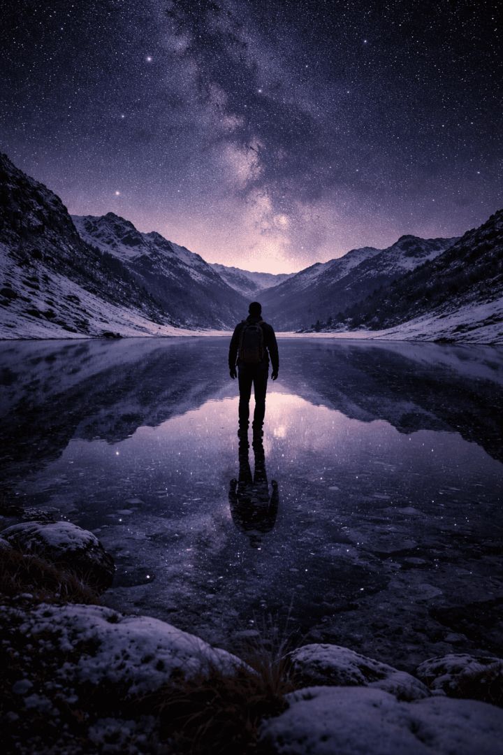 Milky Way reflection on frozen lake hiking wallpaper