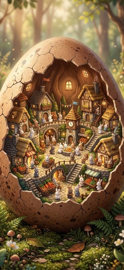 Miniature bunny city inside a giant cracked egg wallpaper