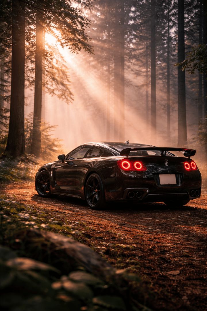 Misty forest and sleek sports car wallpaper