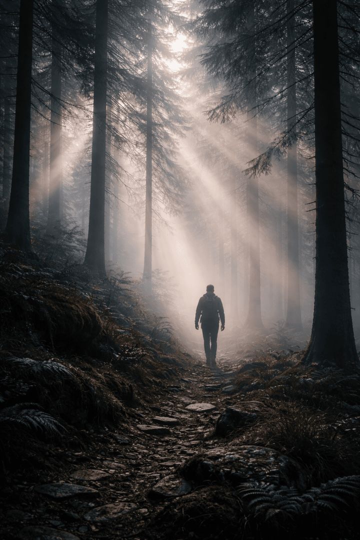Misty forest hike at dawn wallpaper