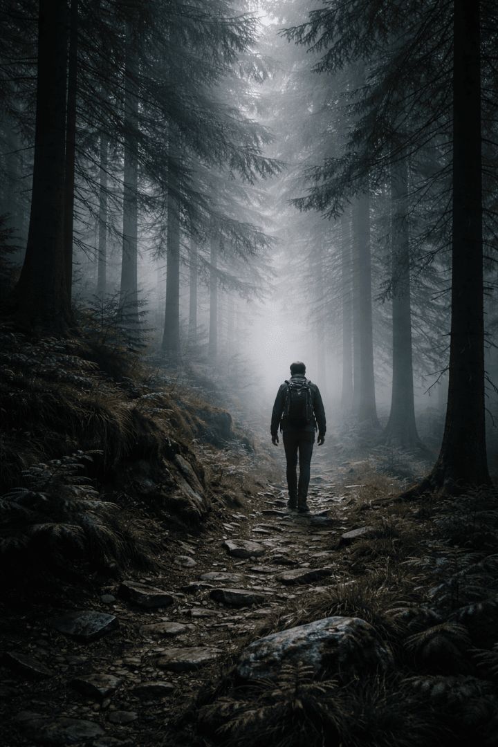 Misty forest hike at dawn wallpaper