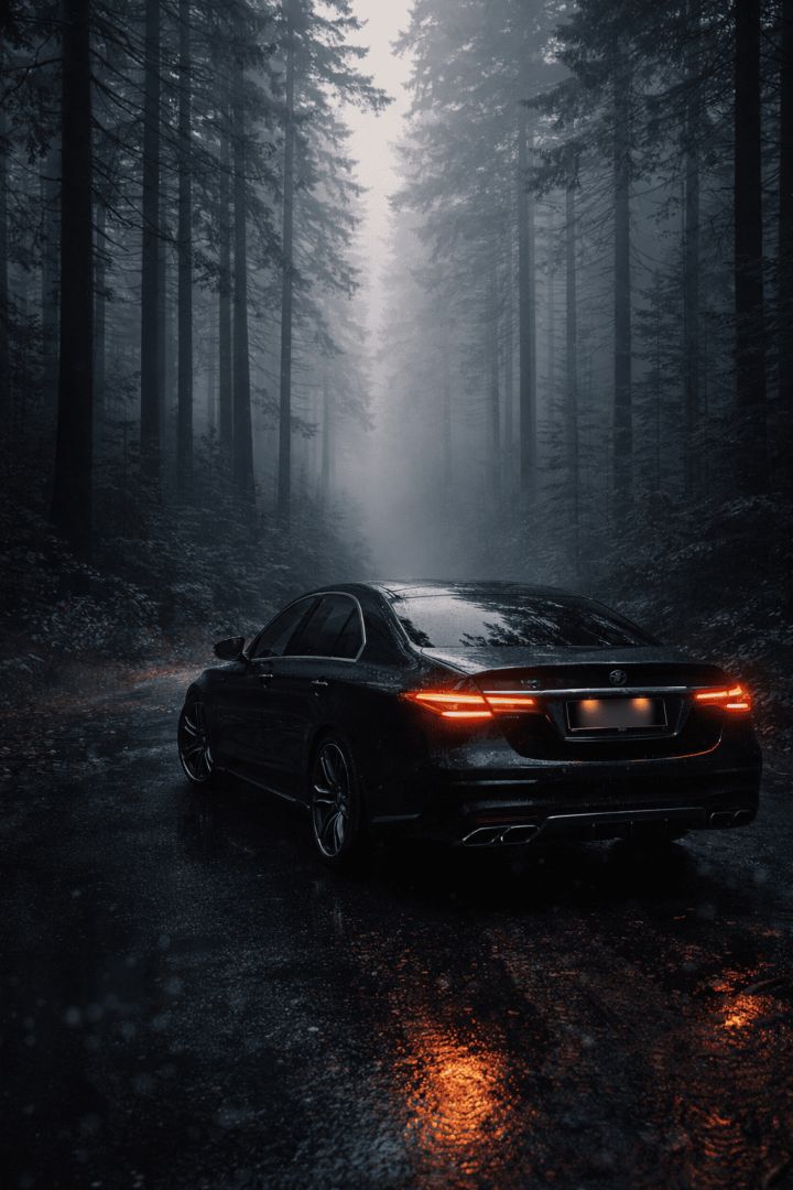 Misty forest road and sleek sedan wallpaper