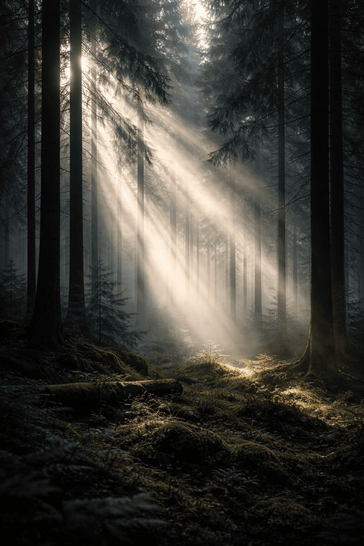 Misty forest with sunbeams at dawn wallpaper