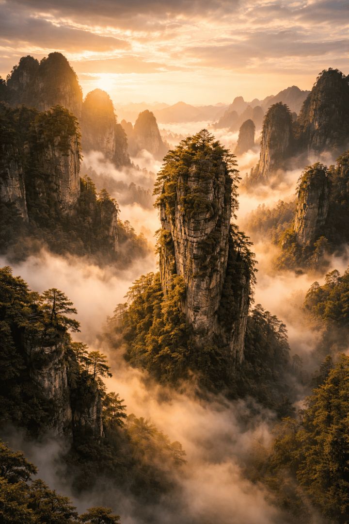 Misty karst pillars at sunrise wallpaper