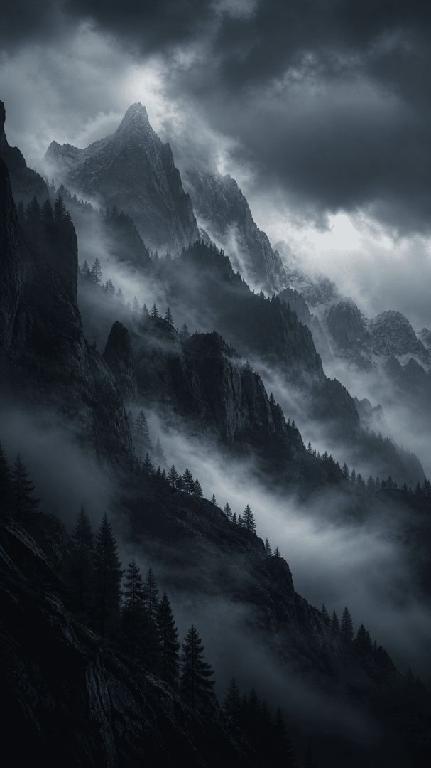 Misty mountain peaks and jagged cliffs nature wallpaper