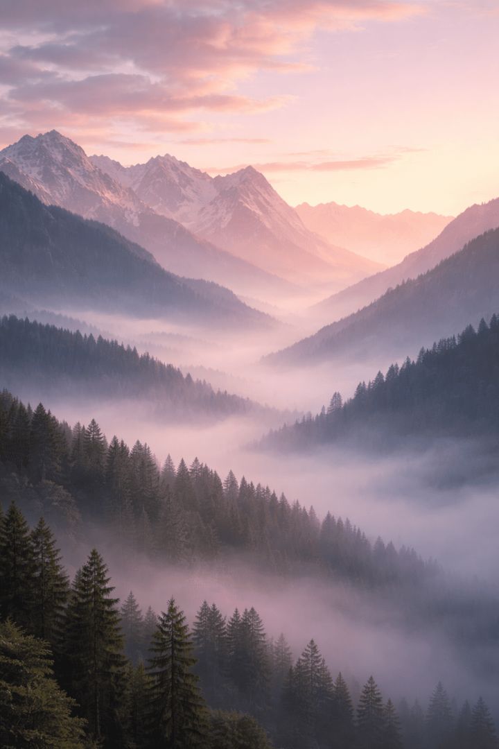 Misty mountain sunrise with golden fog nature wallpaper