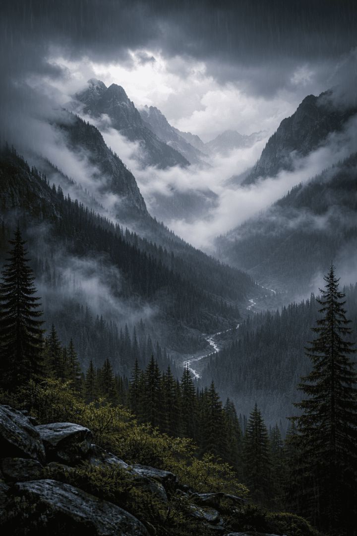 Misty mountains and winding river rain wallpaper