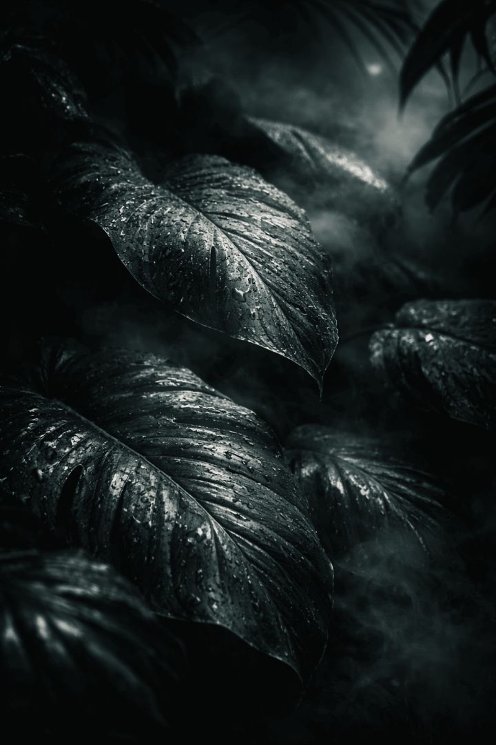 Misty Rainforest Leaves with Dew – Dark Moody Jungle Wallpaper 4K AMOLED 🌿🌫️💧 wallpaper