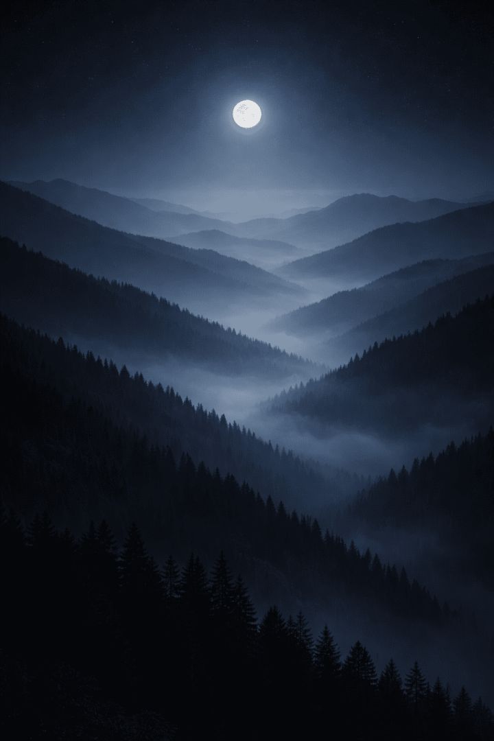 Moonlit mountain mist at night wallpaper