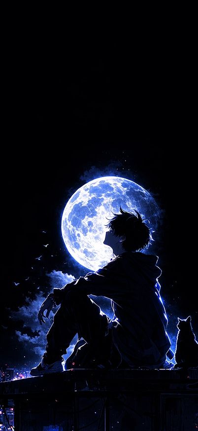 Moonlit rooftop solitude with a cat wallpaper
