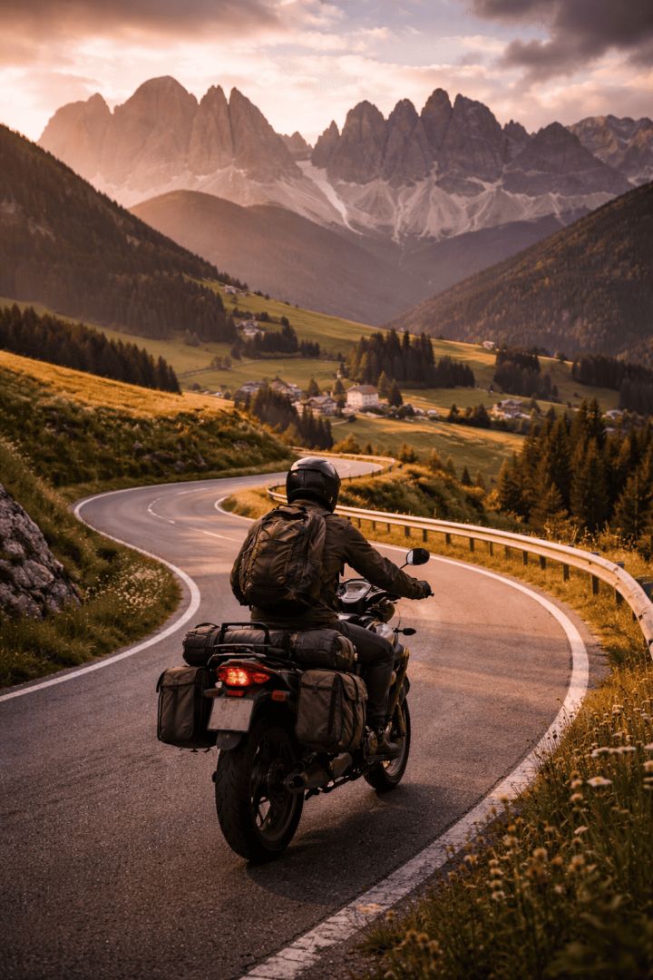 Motorcyclist journey through Dolomite peaks wallpaper