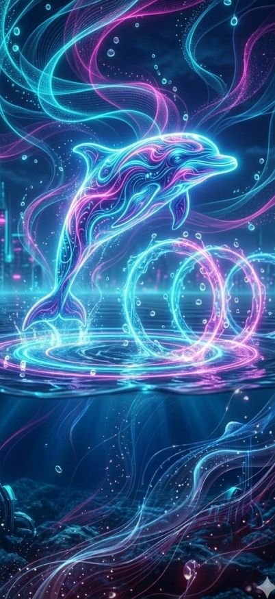 Neon Dolphin Jumping Over Glowing Water Rings wallpaper