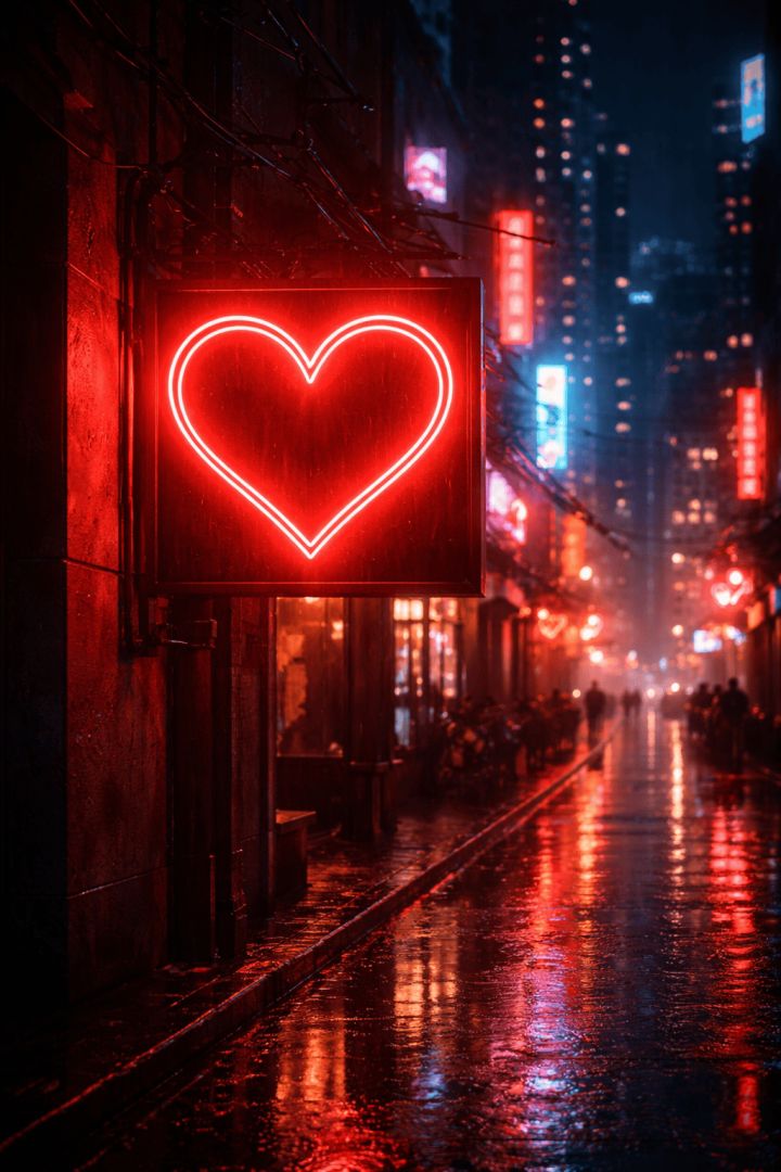 Neon heart in a rainy city wallpaper