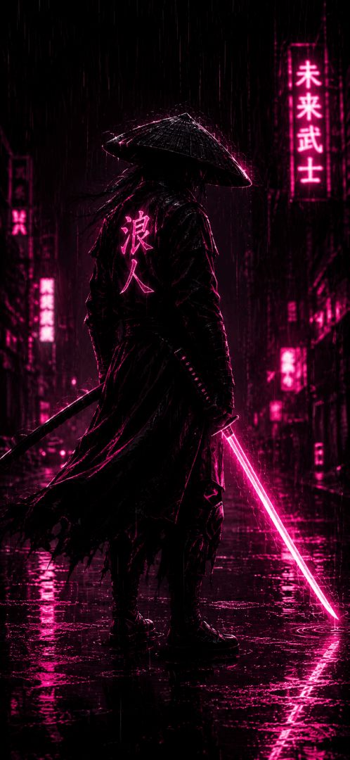 Neon samurai in the rain wallpaper