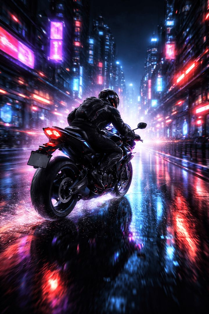 Neon speed through a cyberpunk city bike wallpaper