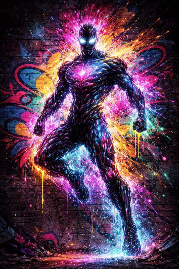 Neon superhero breaking through wall warrior wallpaper