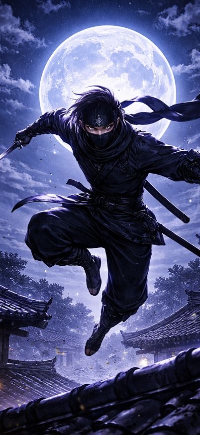 Ninja leaping under the full moon wallpaper