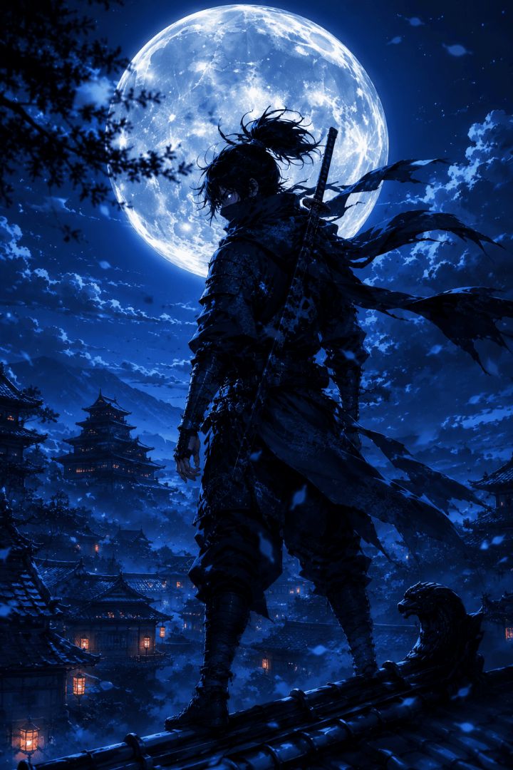 Ninja under the full moon anime wallpaper