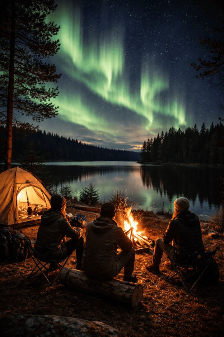 Northern Lights over a peaceful campsite wallpaper