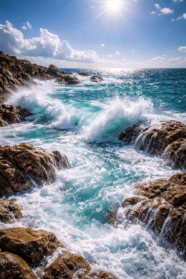 Ocean waves crash on rocky shore wallpaper