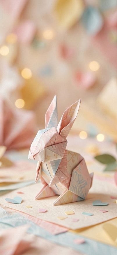 Origami paper bunny with soft folded pastel wallpaper