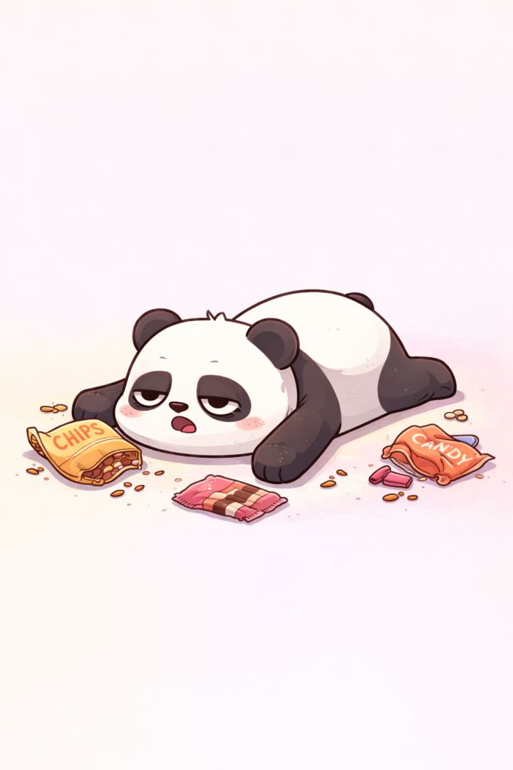 Overindulged panda at snack time funny wallpaper