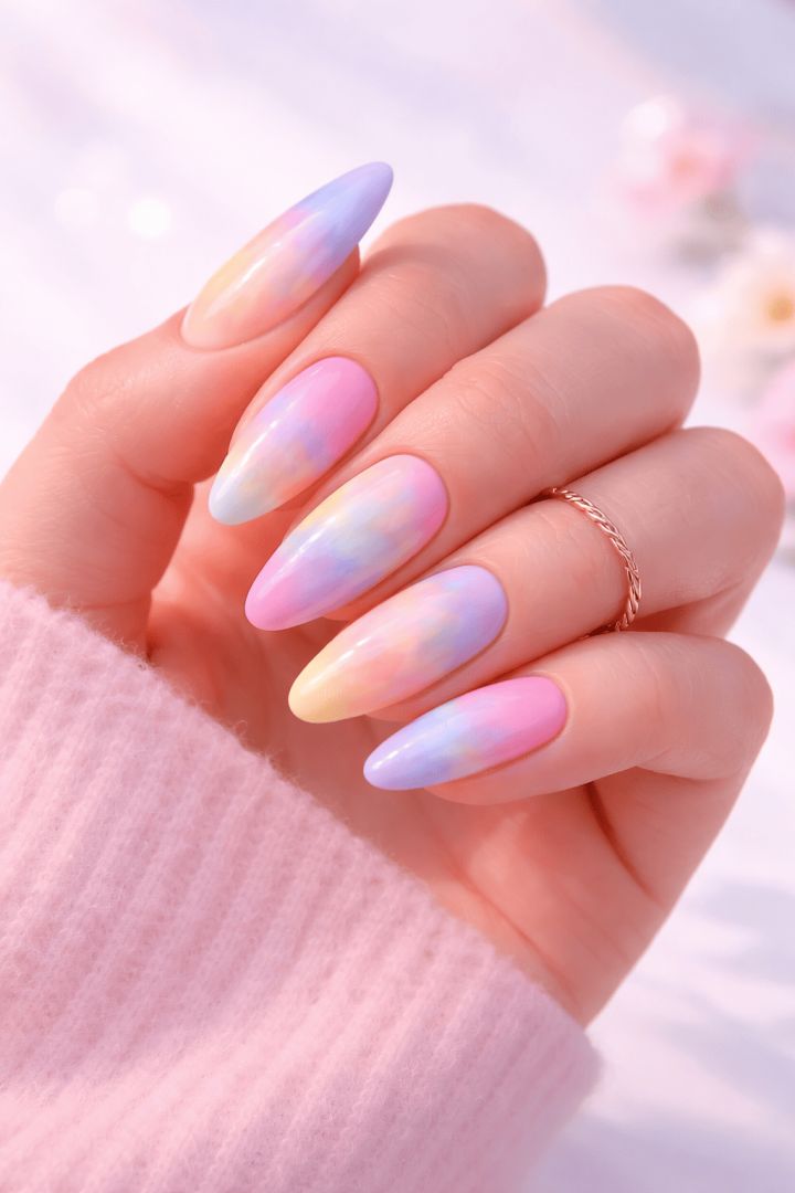 Pastel tie-dye nails with golden ring spring nails wallpaper