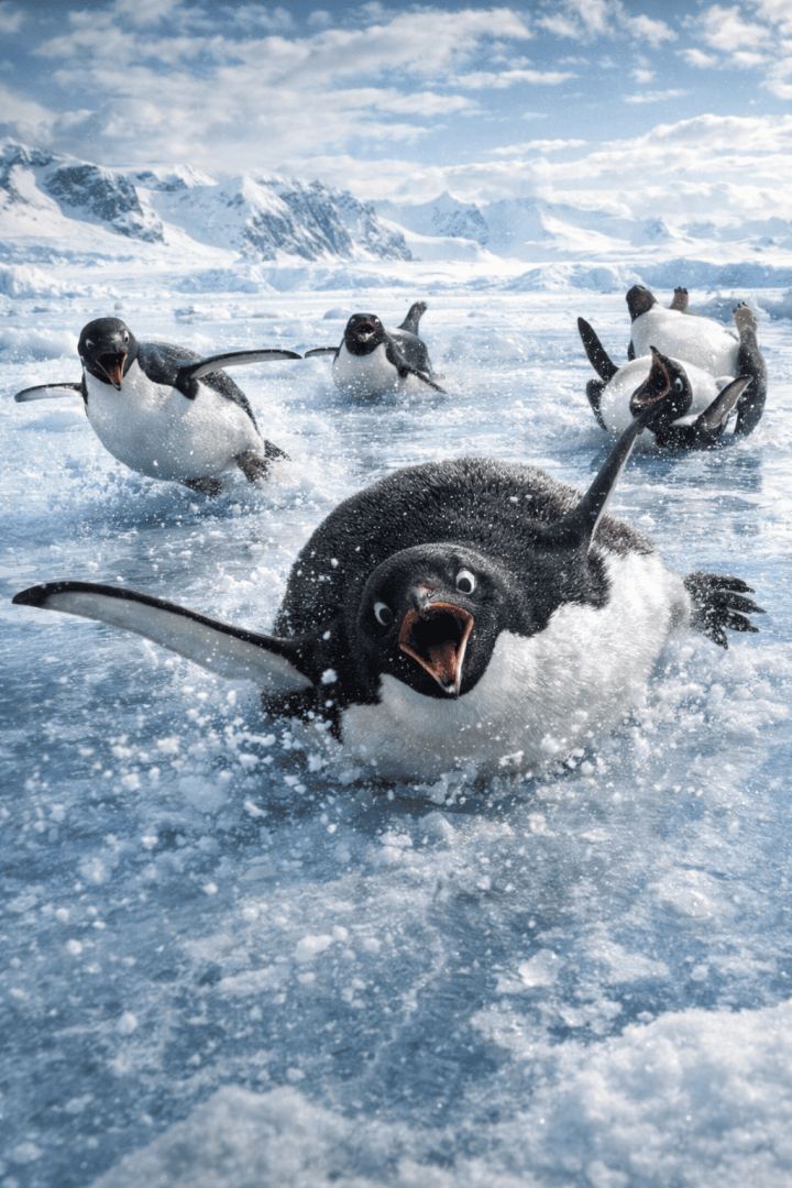 Penguins sliding across icy Antarctic landscape wallpaper