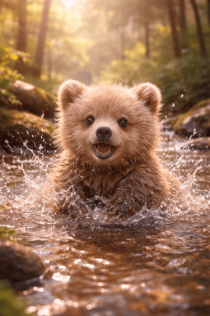Playful bear cub in the stream wallpaper