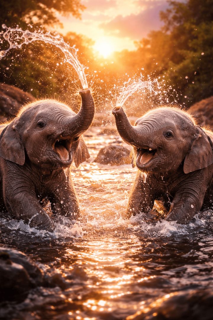 Playful elephants at sunset wallpaper