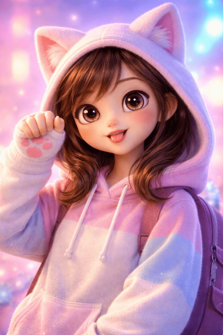 Playful girl in pastel cat hoodie wallpaper
