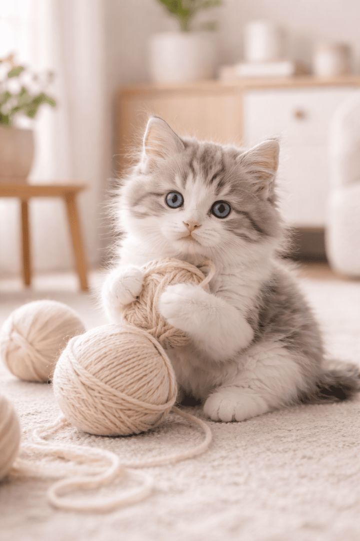 Playful kitten with yarn in cozy room cat wallpaper