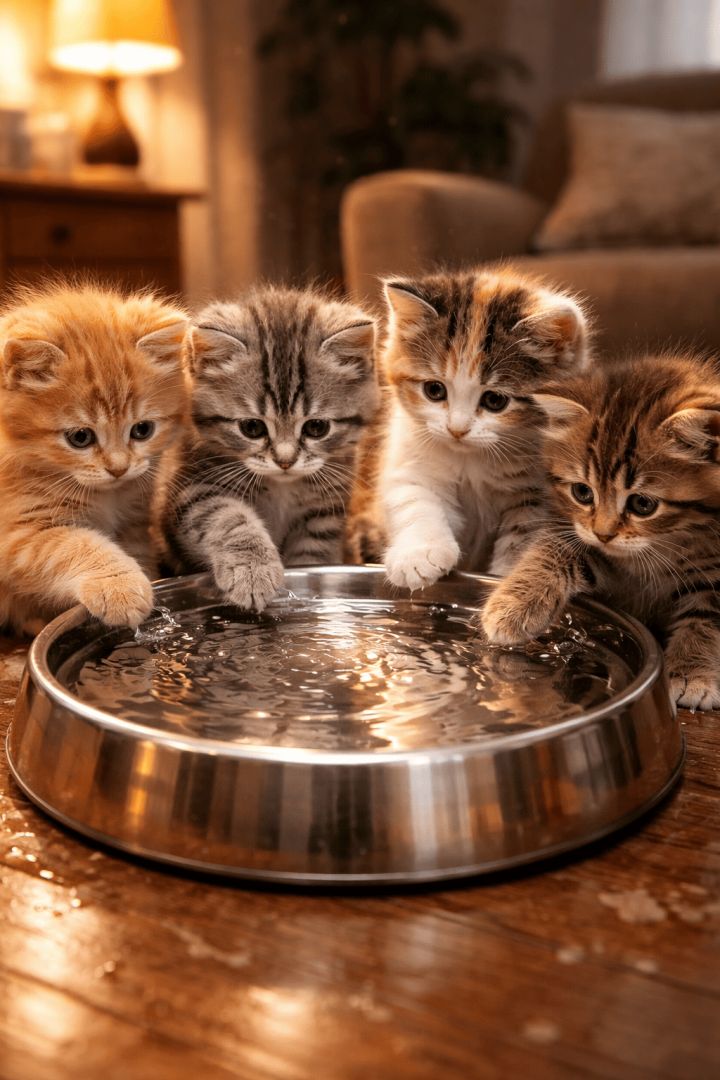 Playful kittens around a water bowl wallpaper