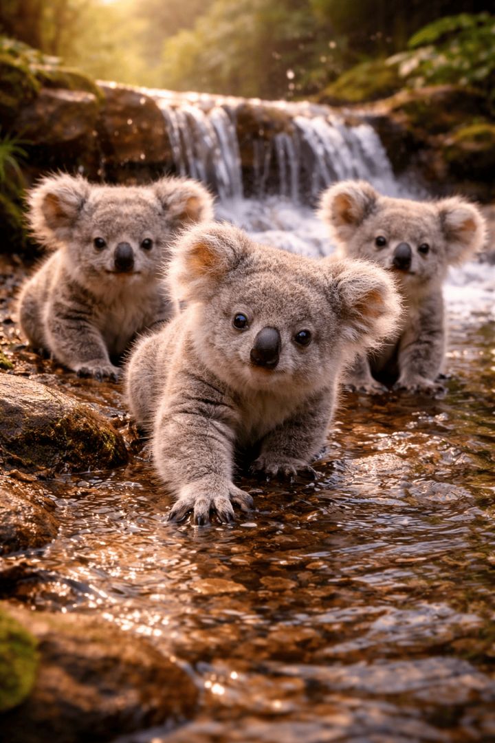 Playful koalas by the stream wallpaper