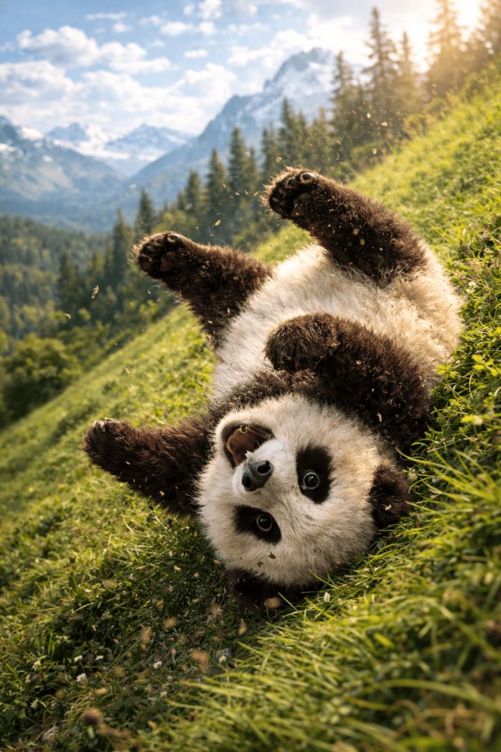 Playful panda rolling down hill wallpaper